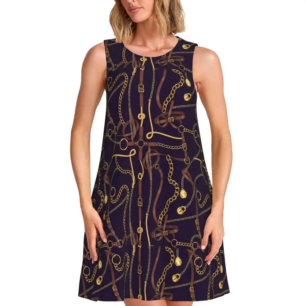 Gold Chains Print Casual Dress Anchor Korean Fashion Dresses Sleeveless Elegant Dress New Arrival Round Neck Lady Print Vestidos