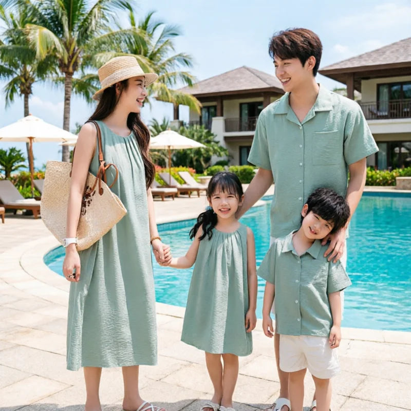Vacation Family Matching Couple Outfit Dad Son Beach Shirts Mom Daughter Loose Dress Korean Parent-child Sister Brother Clothes