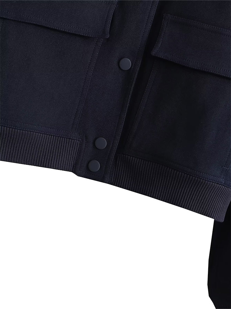Women's Vintage V-Neck Bomber Jacket with Pockets