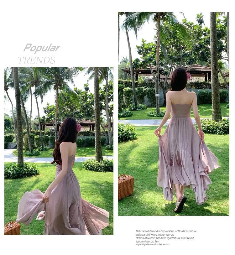 Slimming Dry Rose Splicing Tube Top Beach Dress Women's Style Long A-Line Skirt High Waist No Sleeve Shoulderless Polyester