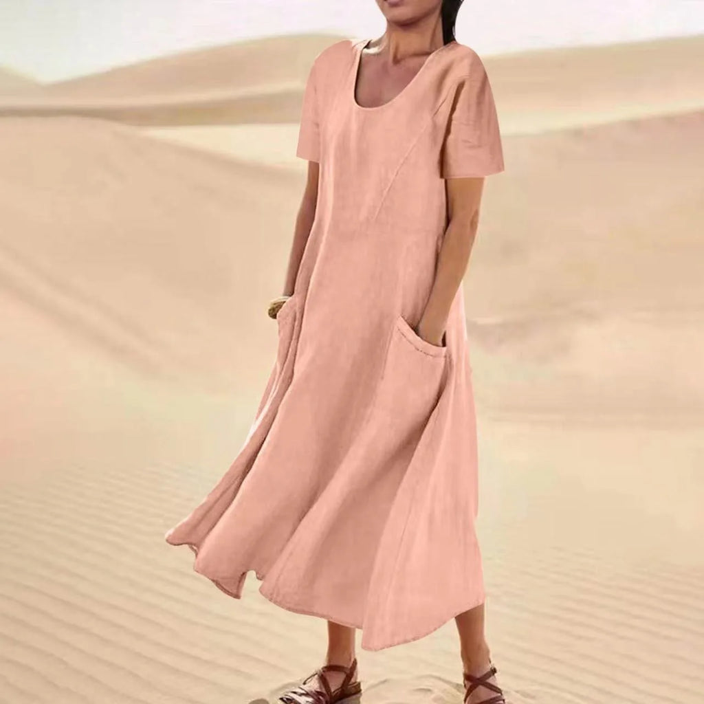 Women Solid Cotton Linen Round Neck Short Sleeve Loose Flowy Maxi Dress EU US Gown