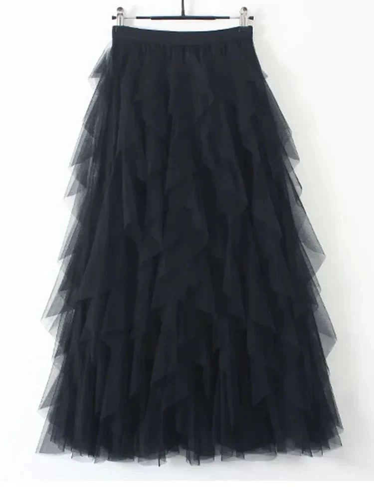 French Romantic Layered Tulle Cake Skirt, High-waisted Slimming Asymmetrical Midi Fairy Skirt