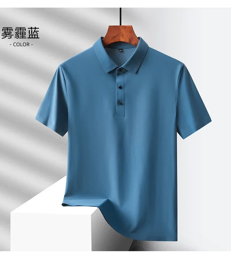 Summer Ice Silk Quick Drying Loose Polo Shirt Middle Aged Men's Solid Lapel Button Simple Versatile Casual Thin Short Sleeve Top
