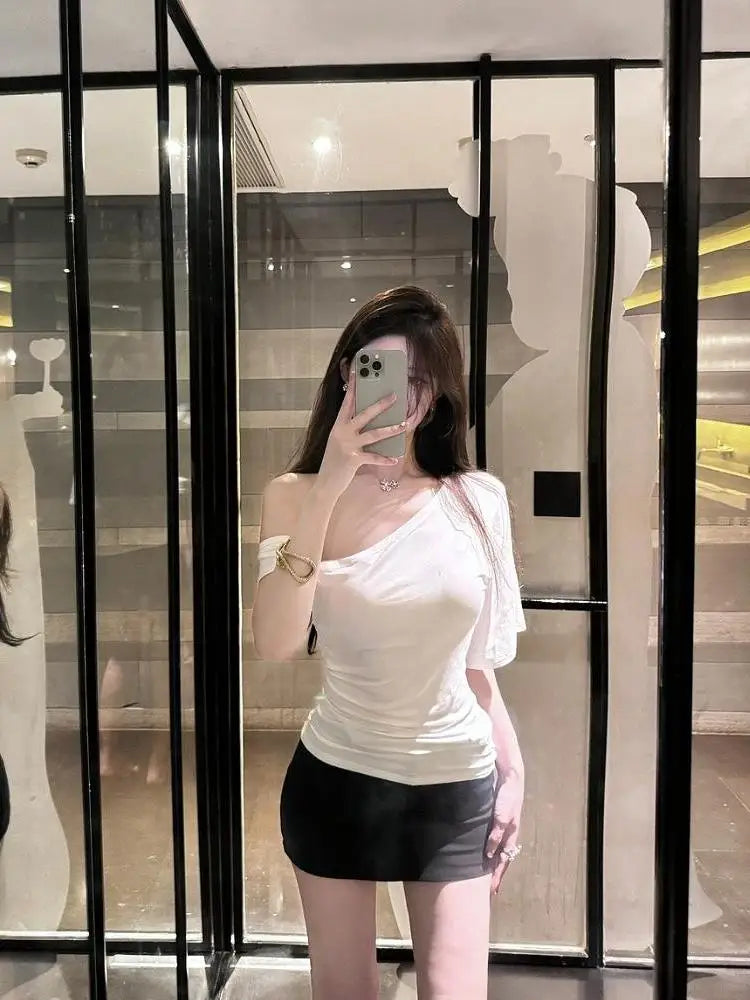 Summer New Style Casual Loose Shoulder Sexy White T-shirt Women's Short Sleeve Short Length Slimming Show Shoulder Top
