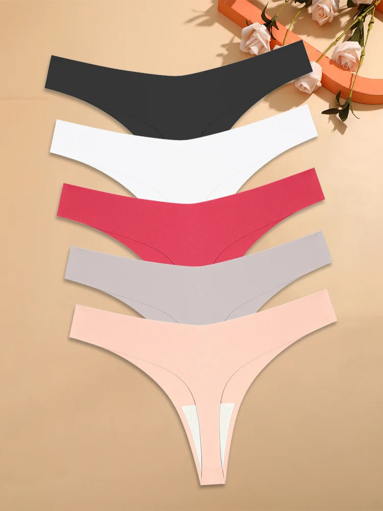 Ice Silk Seamless Thongs For Women Low Rise Breathable Invisible Comfort Panties 5 Pack