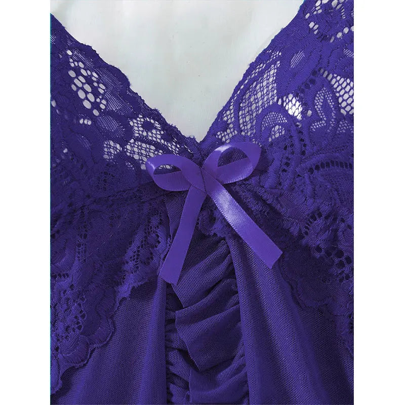 Summer Hot Sexy Sleepwear Dress Sleeveless Backless Women Lace Sheer Nightdress Solid Color Soft Pajamas Short V-neck Thong Set