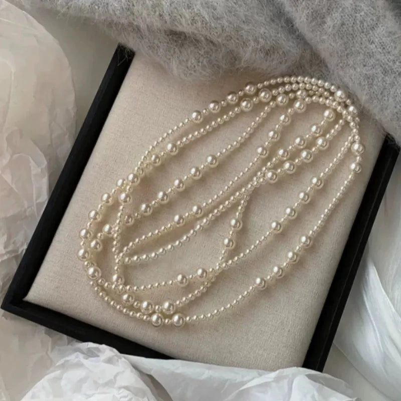 Vintage Long Multi Layered Pearl Necklace for Women Elegant Sweet Collar Chain Sweater Chain Necklaces Luxury Jewelry Gifts