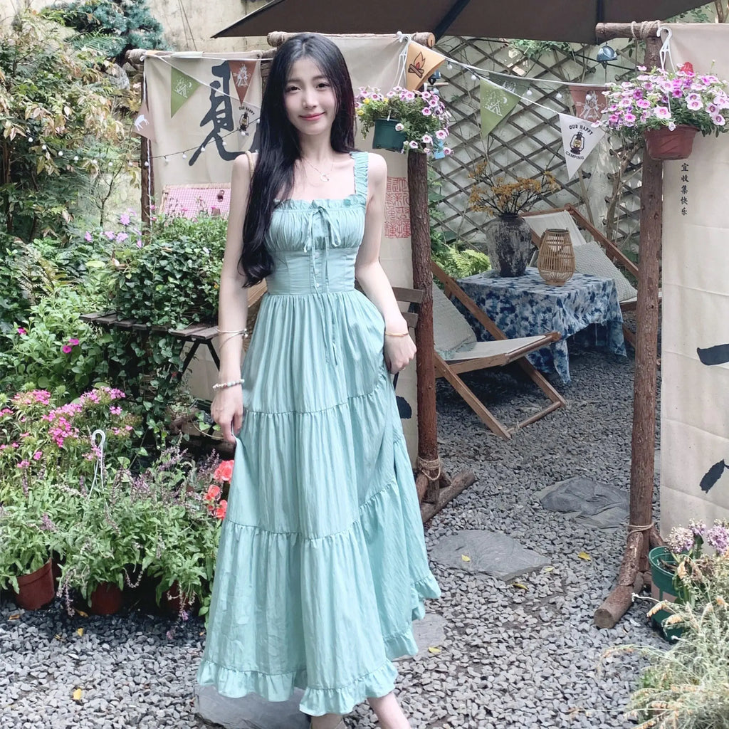 Sweet Long Dresses Beach Style Spring Summer A-line Elegant Women Dress Korean Fashion Sleeveless Ruffles Vestidos Mujer