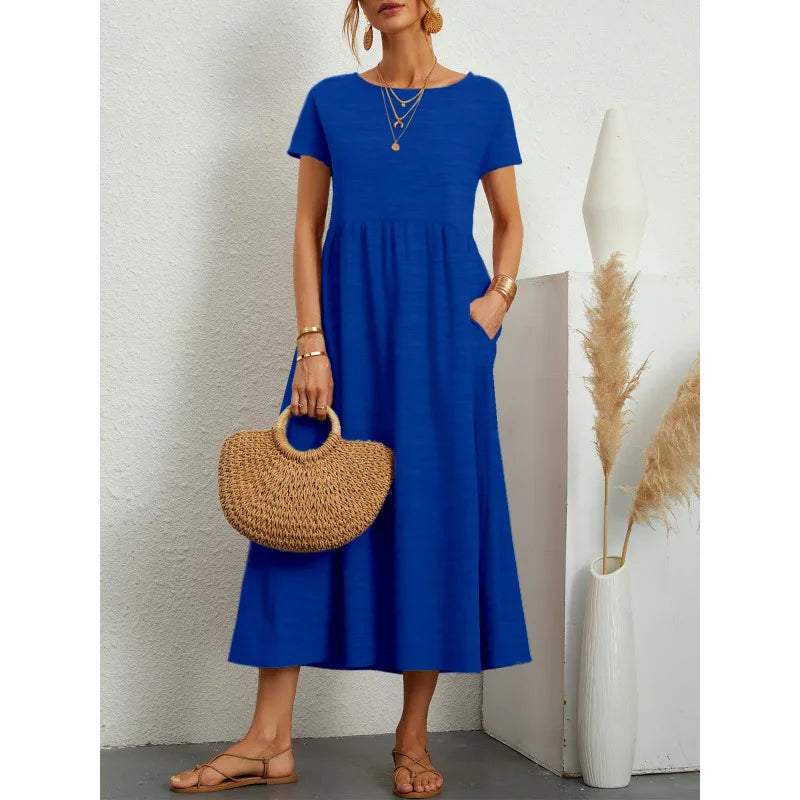 New Casual Round Neck Short Sleeve Solid Flowy Maxi Dress Women EU US Gown