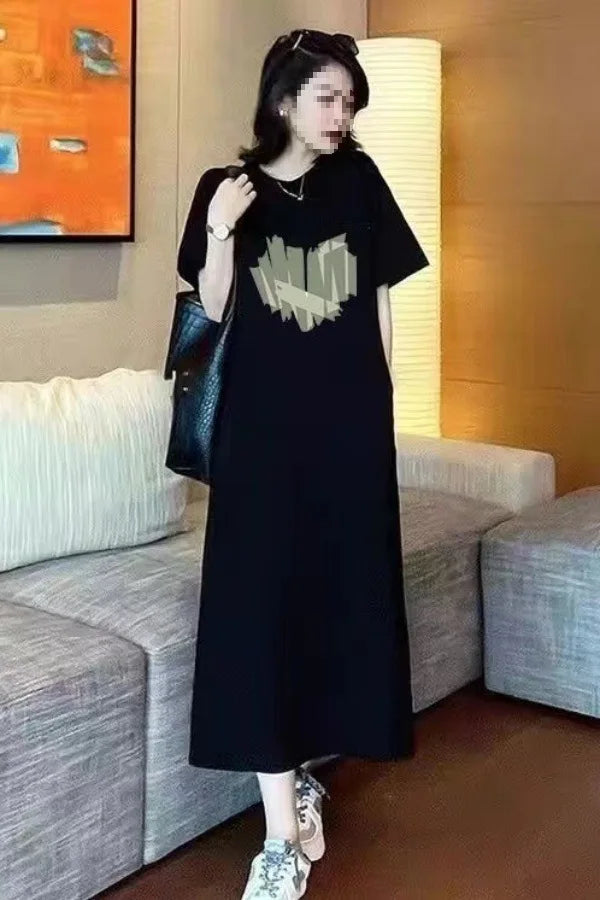 plus Size Long Knee-Length Summer Dress Women's Short Sleeve round Neck Loose Fit Knitted Fabric Straight Cut Casual Style