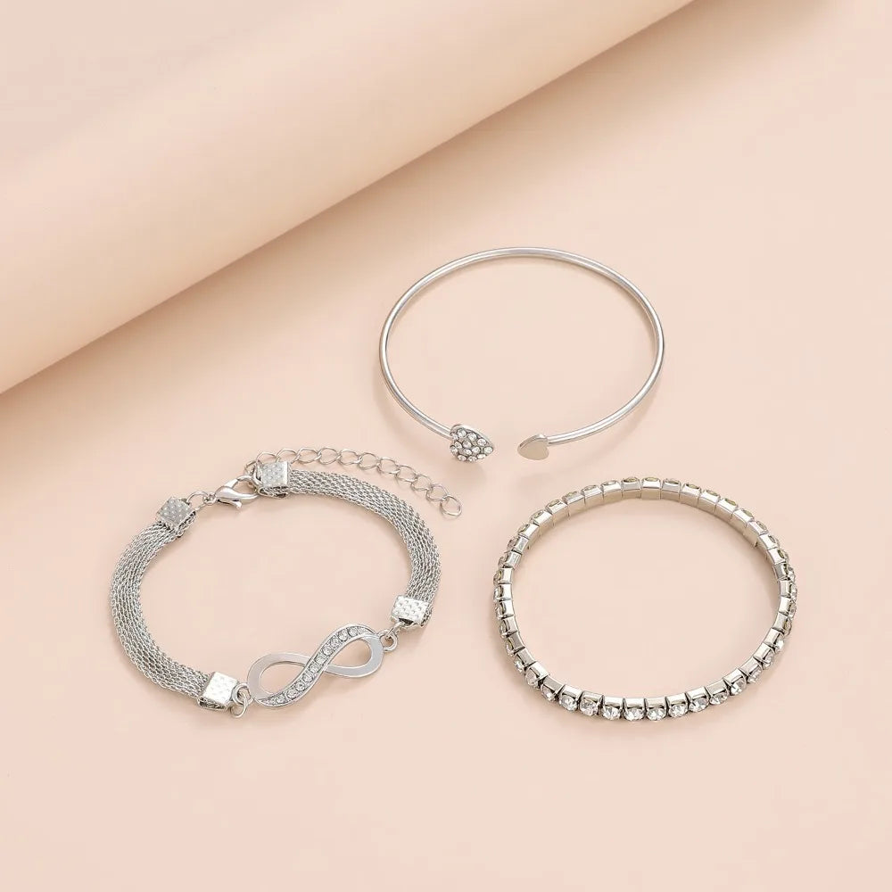 New Creative Design 3 Pcs Set Heart Opening Bracelet Lucky 8 Inlay Zircon Bracelet Set for Women Fashion Charm Jewelry Set Gifts