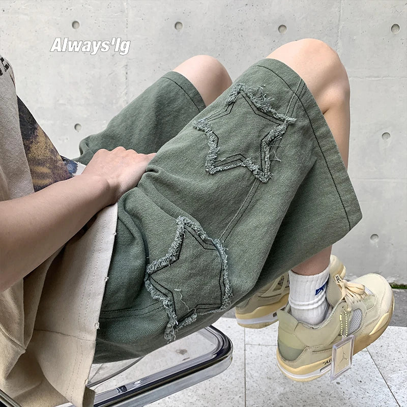 Star Patchwork Shorts Men Vintage Denim Summer Basic All-Match  High Waist Leisure Ulzzang Streetwear Chic Shorts