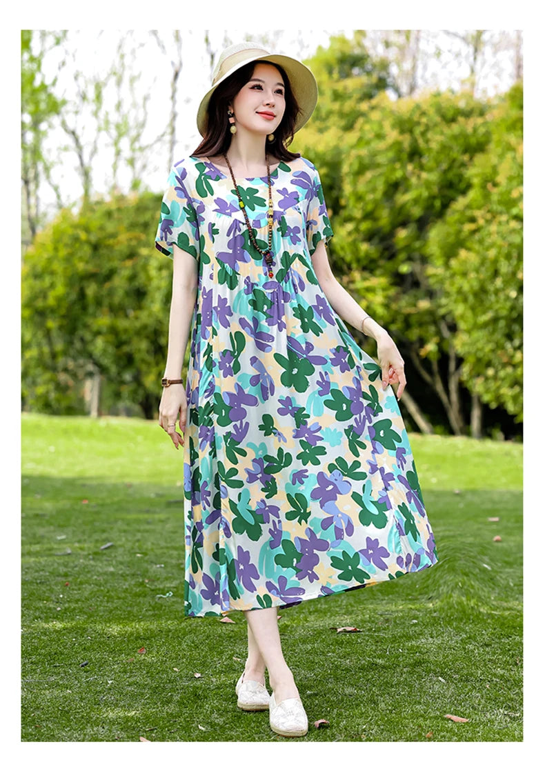 New Print plus size 2026 New Fashion Floral Printed Summer Dress Vestidos Elegant Short Sleeve Slim O-Neck Party Women clothing