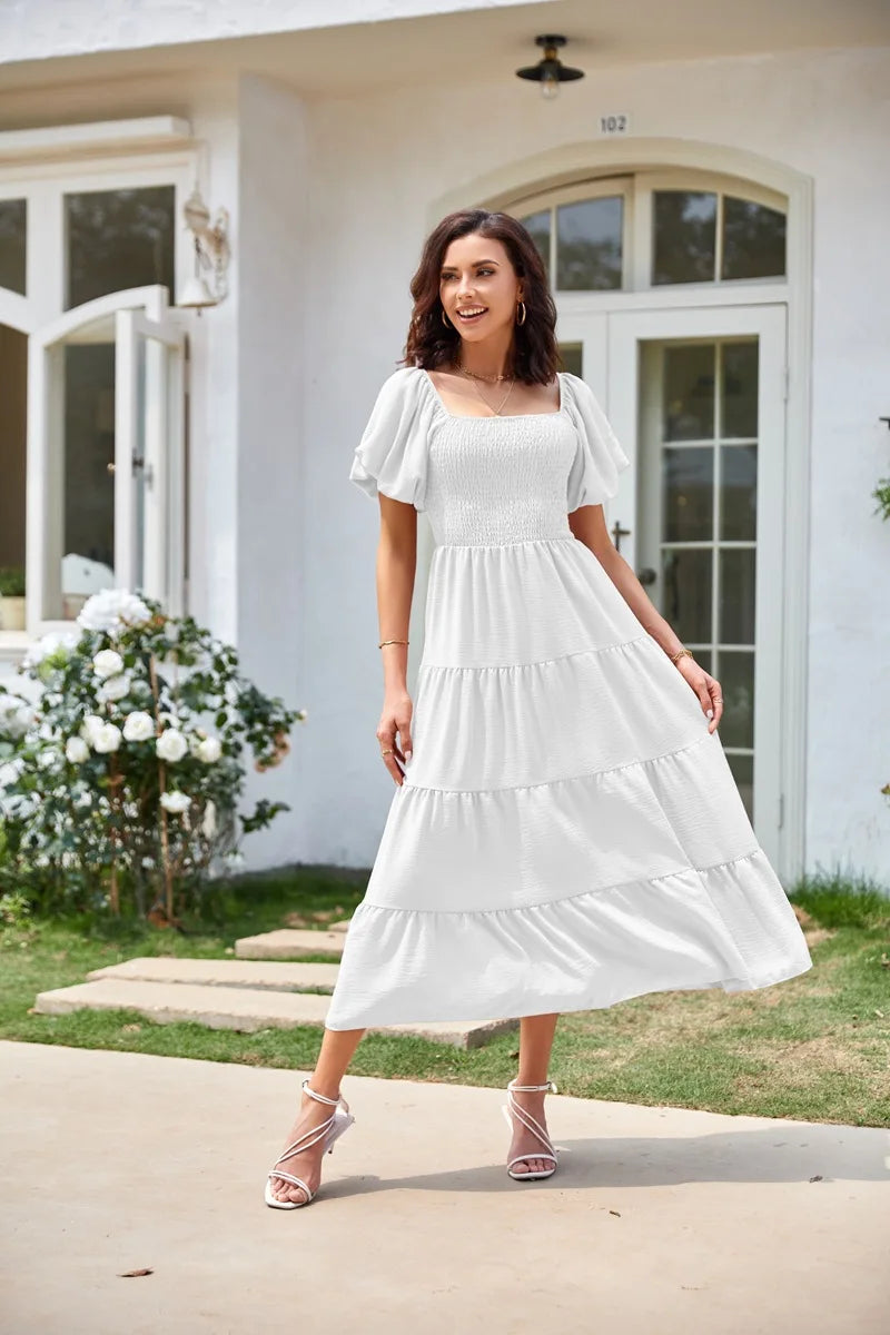 2026 Spring Summer Elegant Women's Long Dress Fashionable Solid Color Square Neck Puff Sleeve Pleated Slim Fit Loose Hem Dress