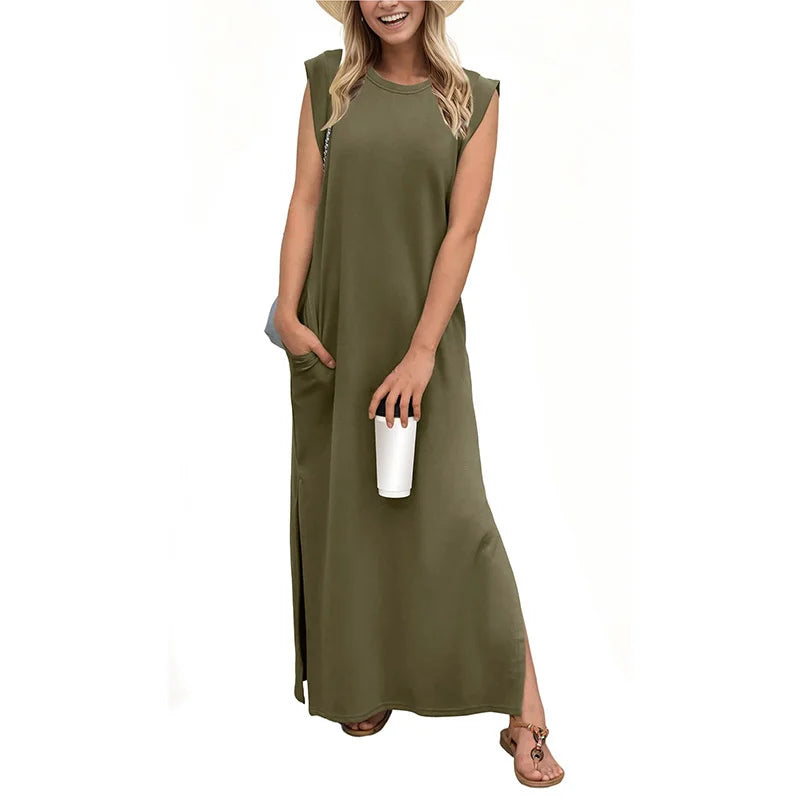 Casual Maxi Dress For Women Summer Loose Sleeveless Long Dresses Elegant Lady O Neck Solid Color Boho Beach Sundress Vestidos