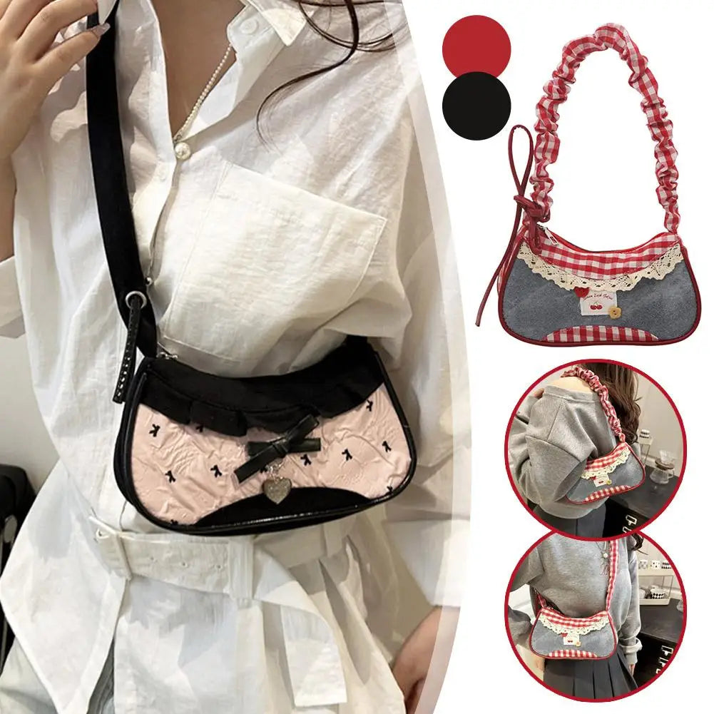 Fashion Grid Women Bag Lace Ribbon Stretchable Shoulder Strap Single Shoulder Underarm Bag Daily Commuting Student Handbag