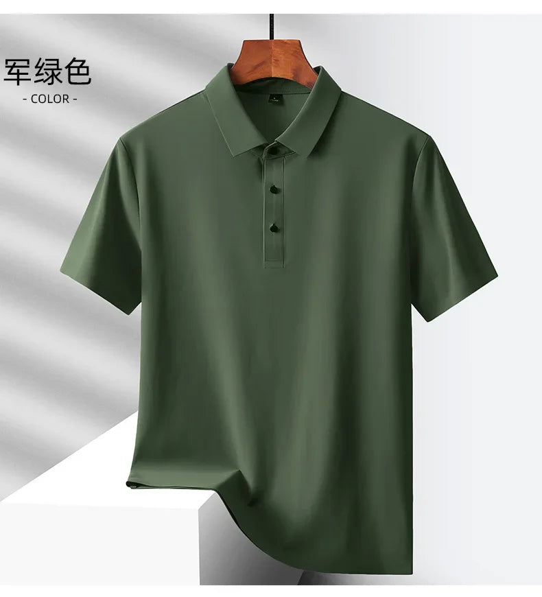 Summer Ice Silk Quick Drying Loose Polo Shirt Middle Aged Men's Solid Lapel Button Simple Versatile Casual Thin Short Sleeve Top