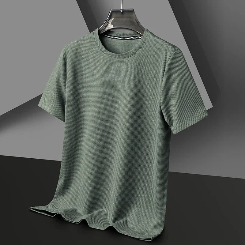 New Summer Waffle Round Neck Short Sleeved T-Shirt For Men'S Short Sleeved Top
