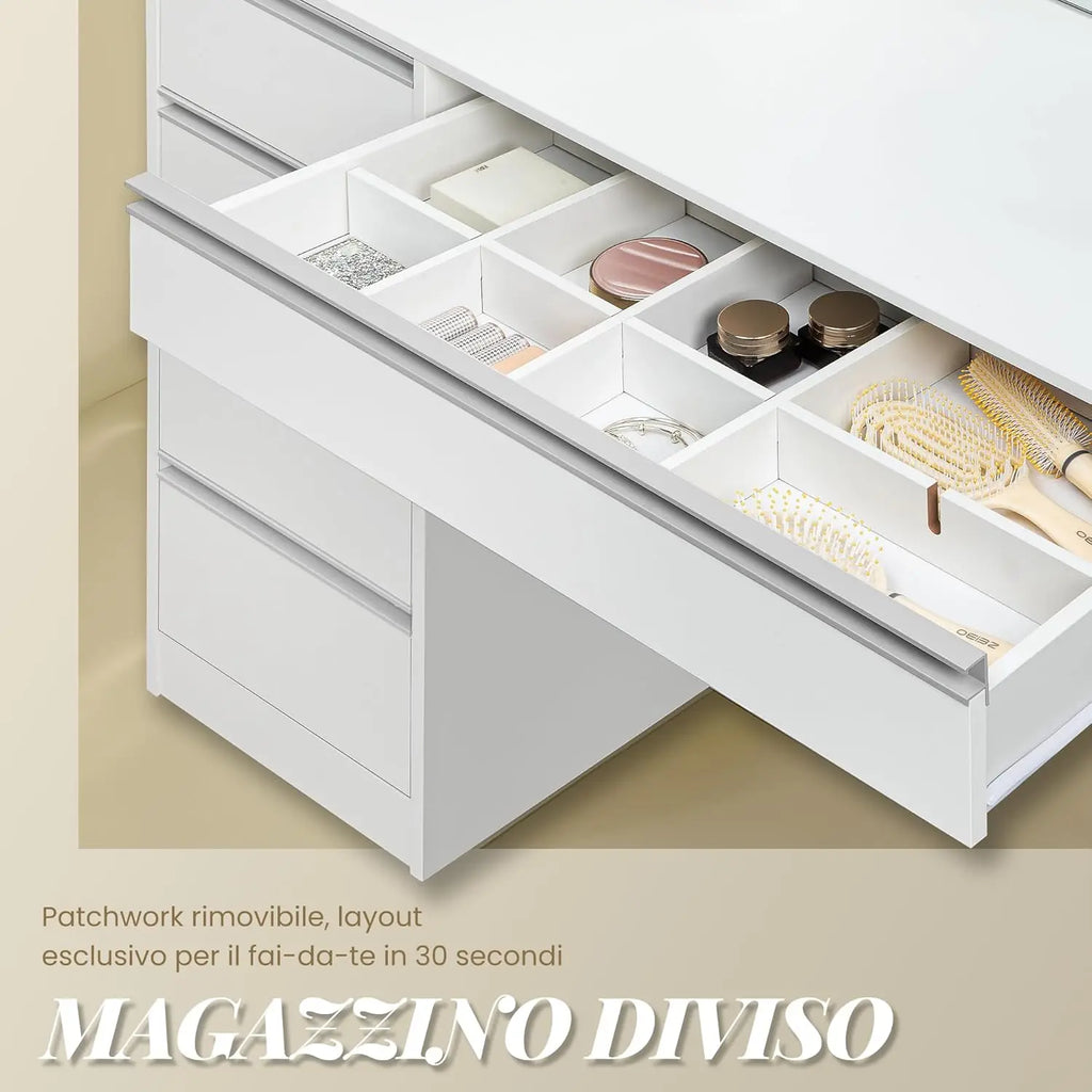 47.2in White Vanity Desk with LED Mirror Power Strip 8 Drawers 8 Shelves Bedroom