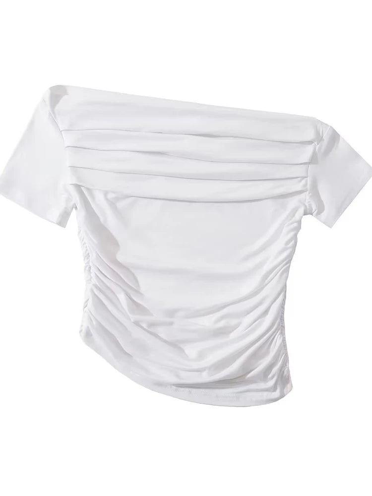 Sexy Spicy Girl Short Sleeve Slim Fit Pleated One Shoulder Base Shirt Street Snap Popular Thinming Street Snap Top for Summer
