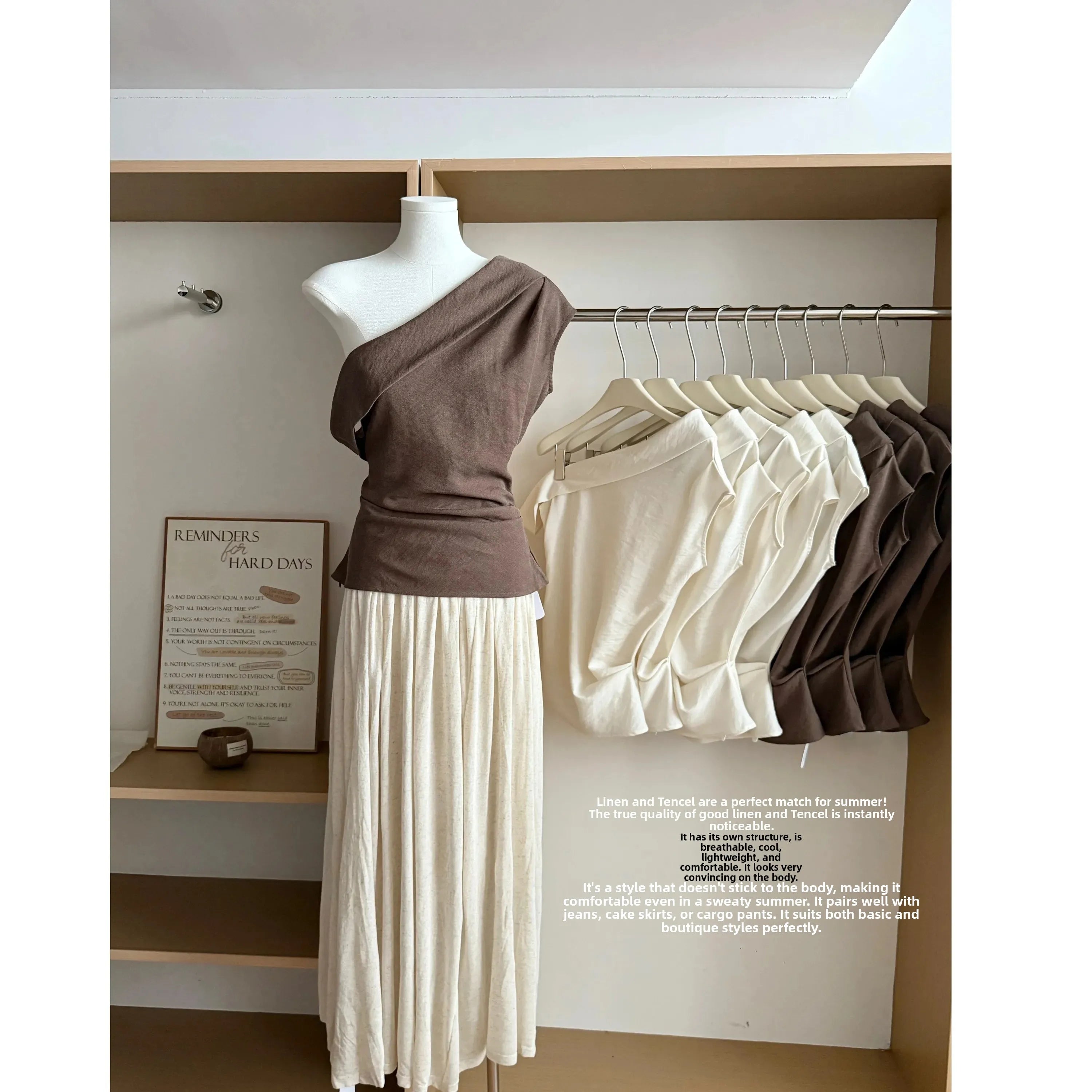 Lin Summer Vintage Oblique Shoulder Vest Cotton Linen Slimming Design Sensation Personality Spring Summer New Style Top T-shirt