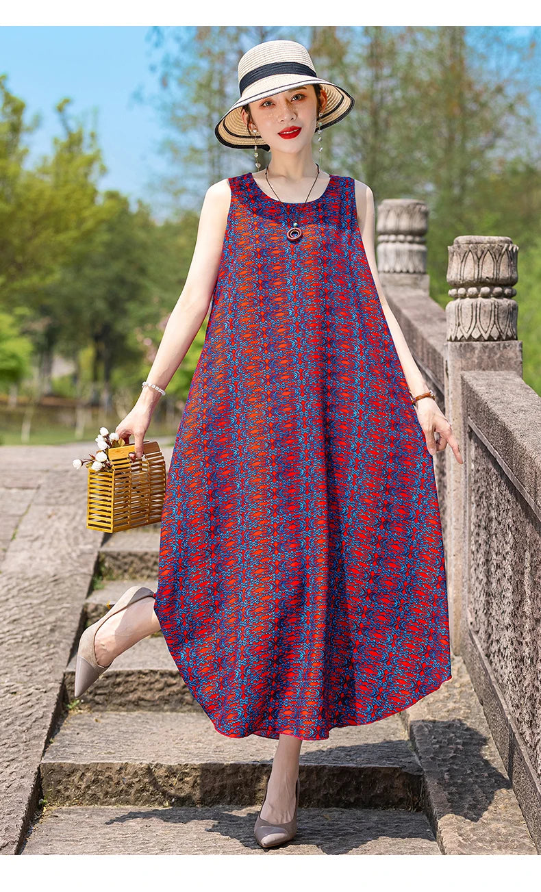 New Women Summer Dresses Vintage Dress FashionRobe Plus Size Sleeveless Femme Casual Print Dresses