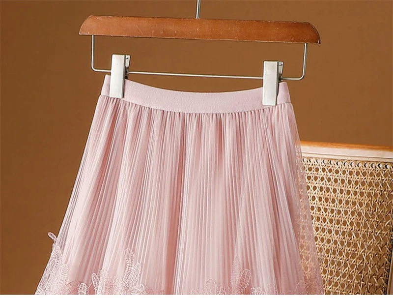 Woman Mesh Long Midi Cake Skirt Solid Color Elegant French Tiered Fairy Tulle Skirts Khaki Casual High Waist Faldas
