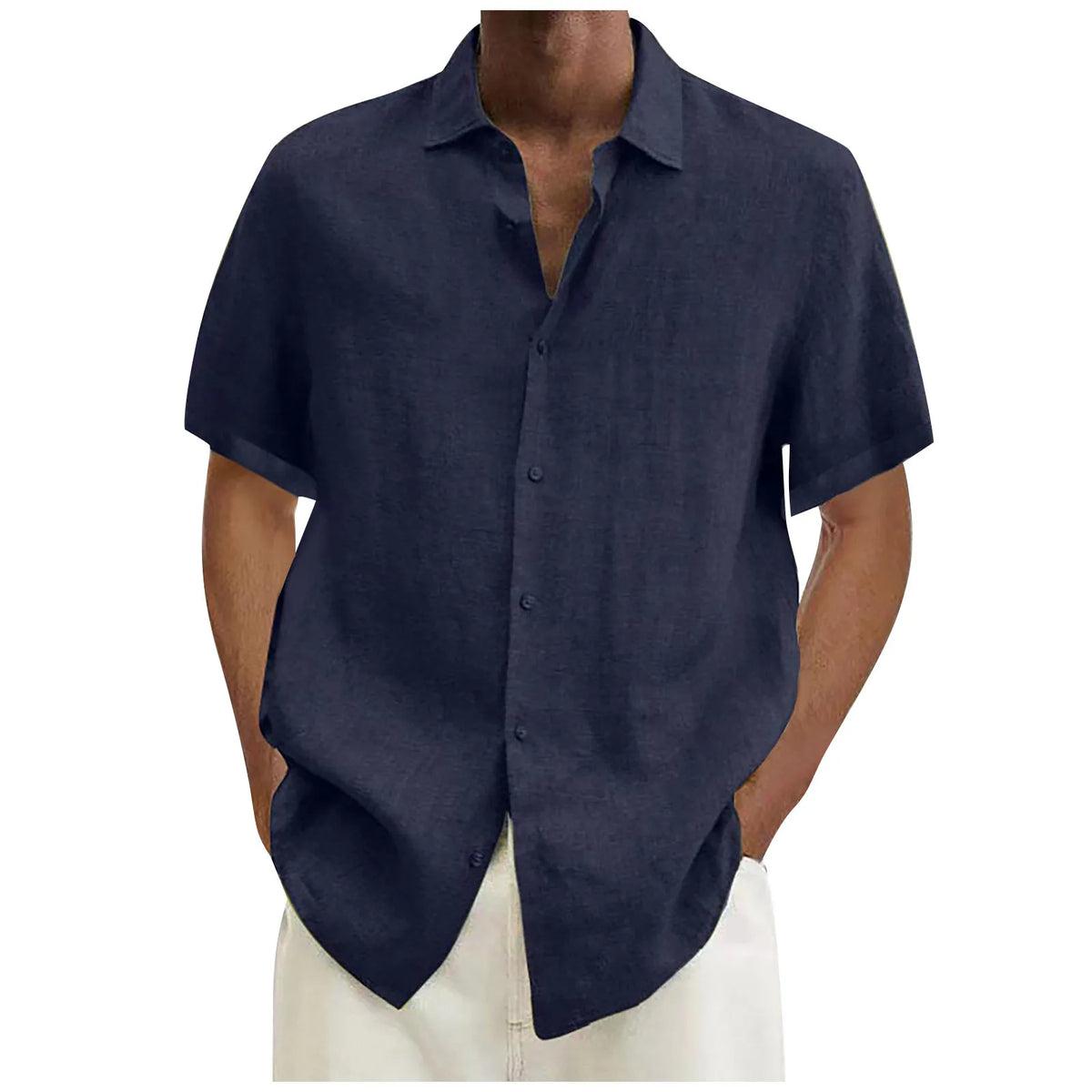 ISHOWTIENDA Men's Cotton Linen Short Sleeve Casual Shirt - Solid