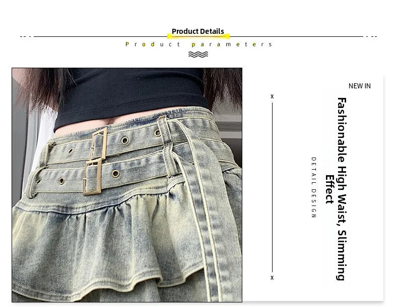 American Pure Desire Spicy Girl Design Elastic Denim Skirt Half-length Pleated Cake Skirt Short Commute High Elasticity