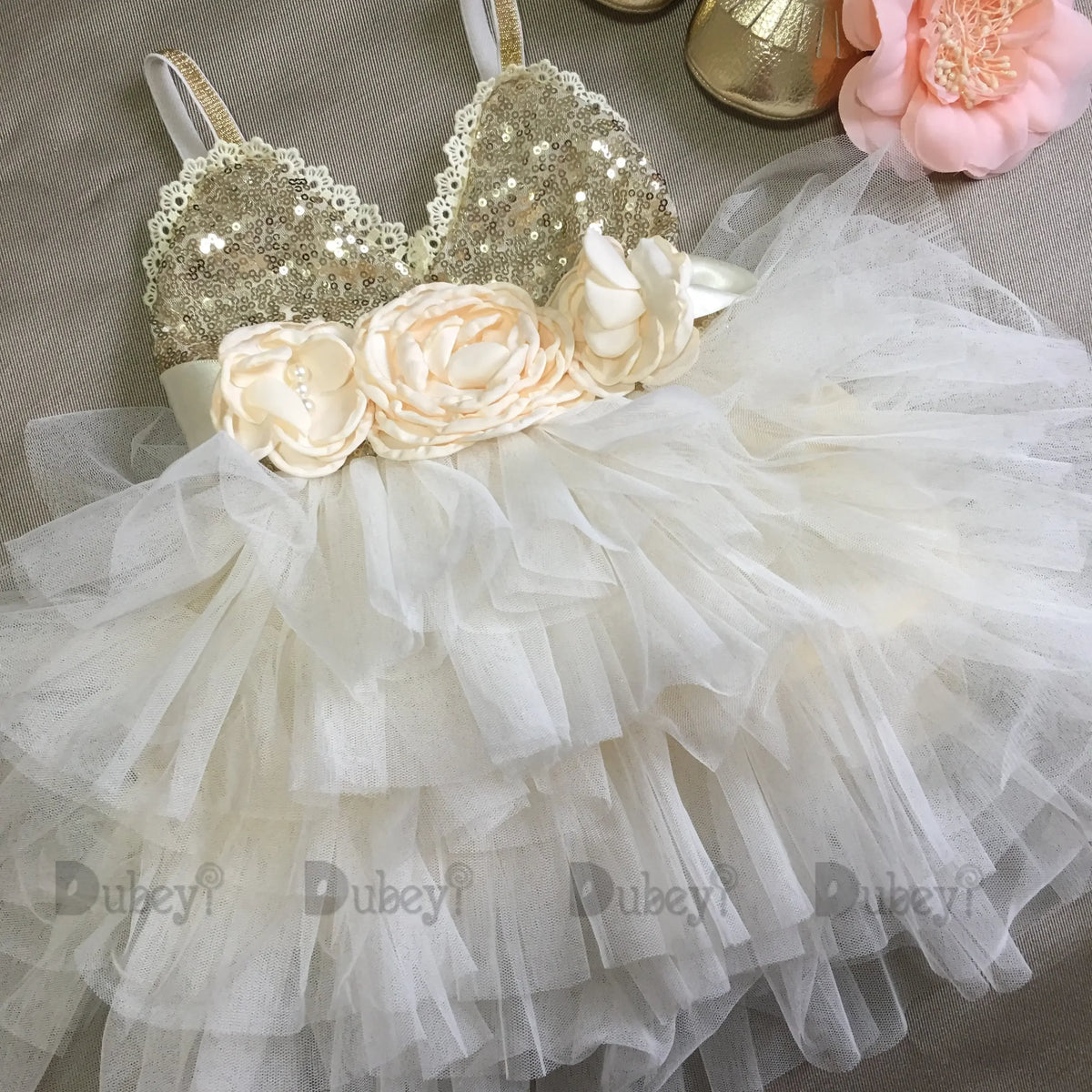 Shinny Flower Girls Christmas Dress for Kids Toddle Party Gown Gold Sequined Layered Tutu Dress Children New Year Dress Clothing