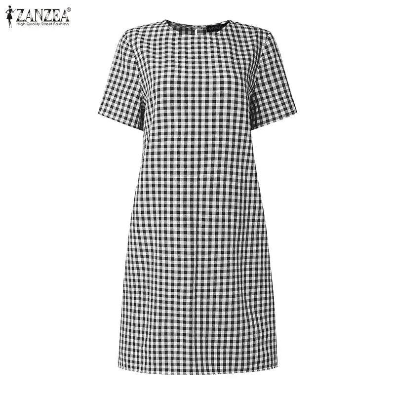 ZANZEA Women's Vintage Gingham Short Sleeves Dresses O-Neck Knee-Length Dress 2026 Summer Daily Casual Commute Robes Femme