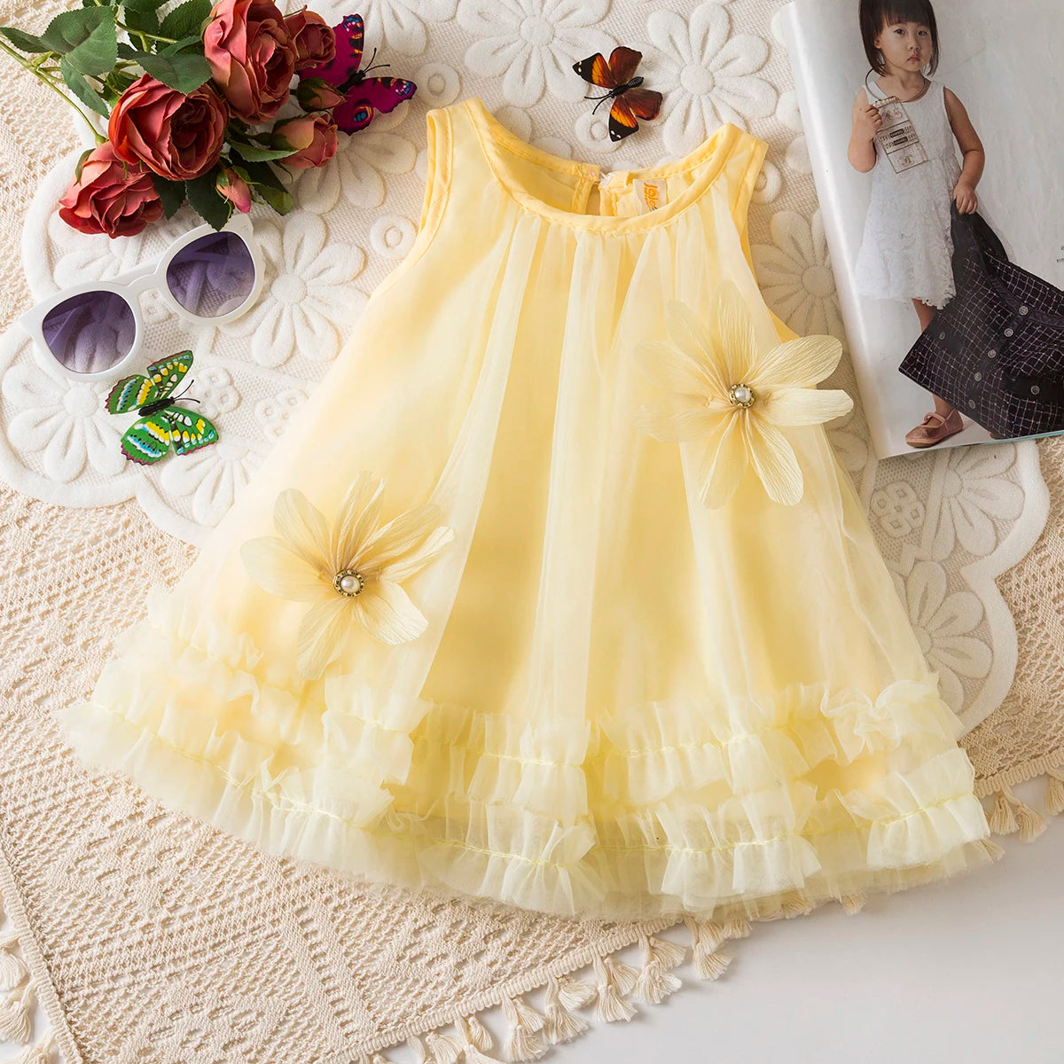 Baby Girl Sleeveless Princess Dress - Pink Flower Gauze Ball Gown
