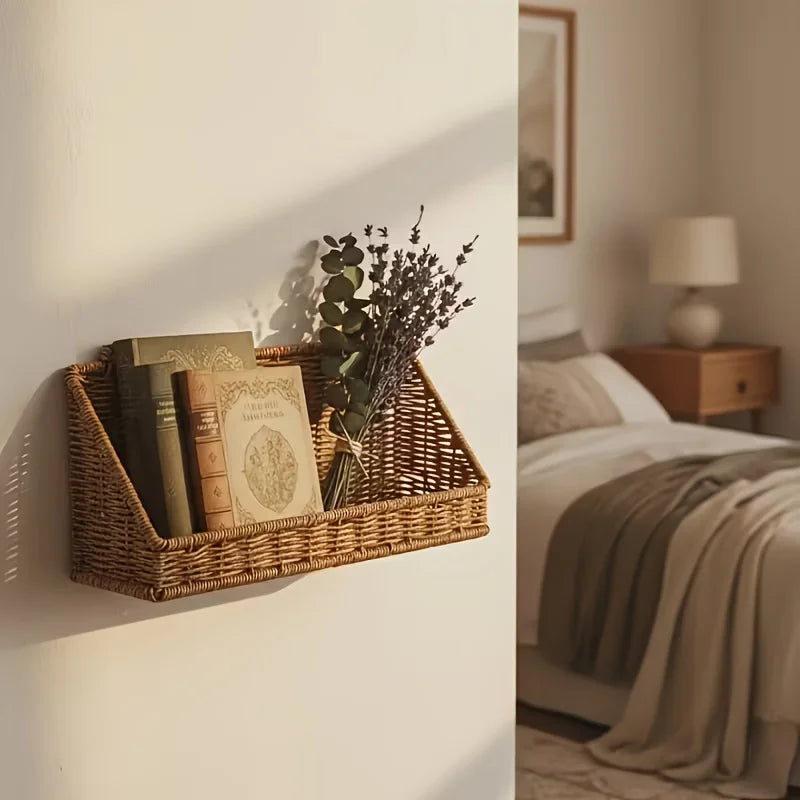 1pc Rustic Wall-Mounted Basket with Hooks - Woven Rattan Storage Hamper Suitable for Bathroom, Kitchen, Bedroom & Living Room