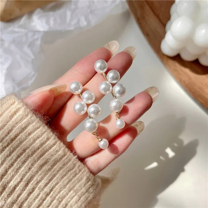 Korean Fashion Style Pearl Long Tassel Clip on Earrings for Women Simple Temperament Long Chain Non-piercing Ears Clip Earrings