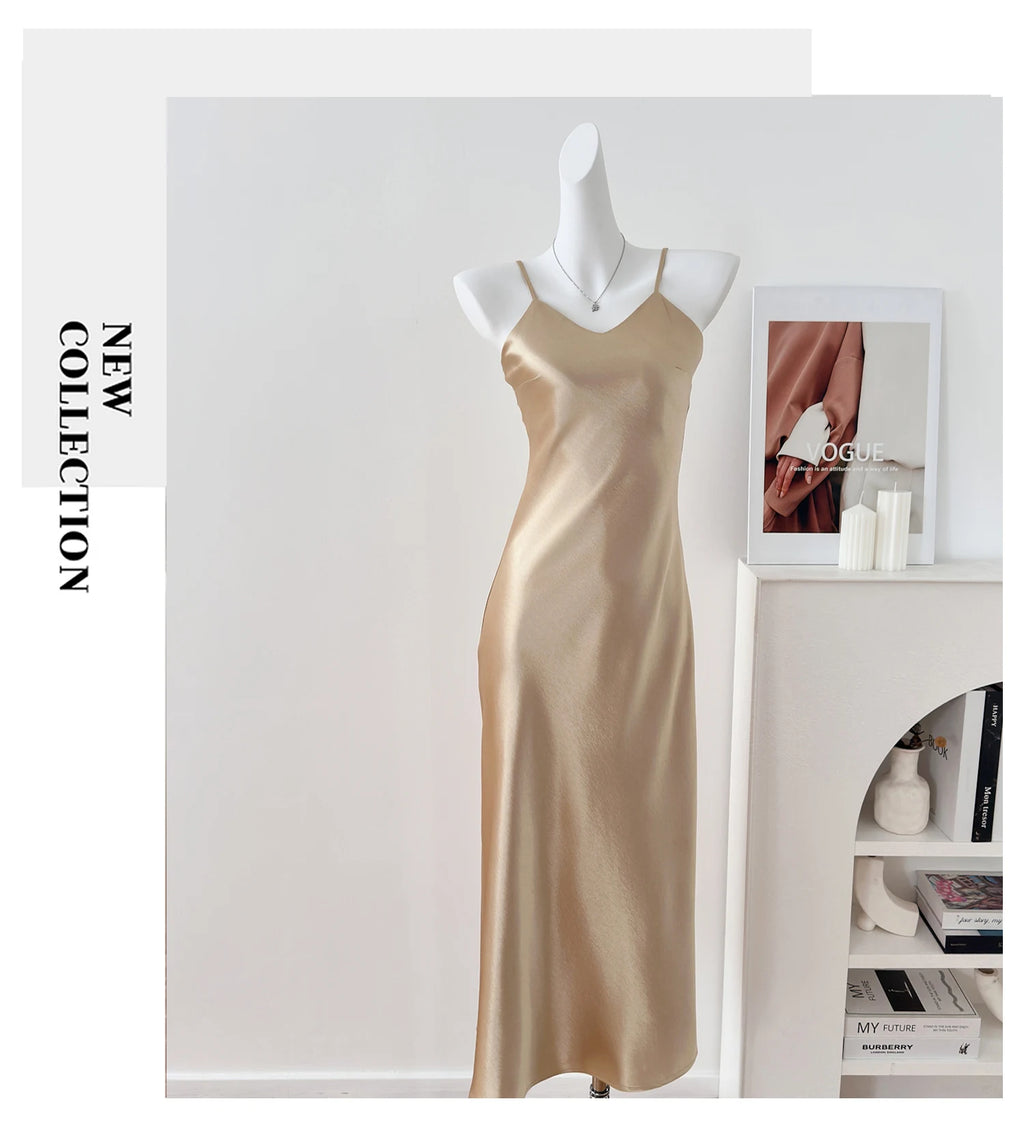 Elegant Chinese Style Satin V-Neck Sleeveless Women's Dress Slimming Waist Design Summer City Walk Long Skirt Inner Wear