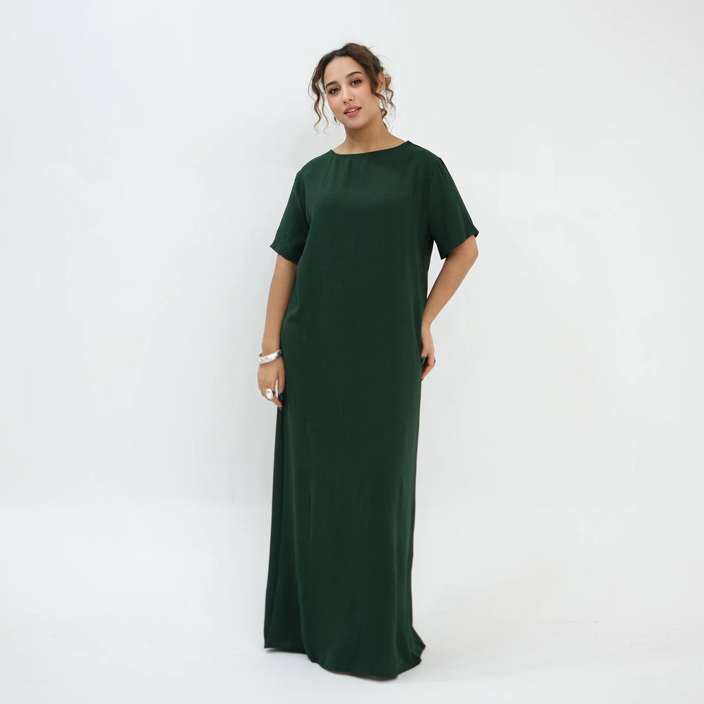 Modest Short Sleeve Women Inner Dress Basic Abaya Muslim Eid Ramadan Round Neck Maxi Loose Casual Long Versatile Fashion Kimono