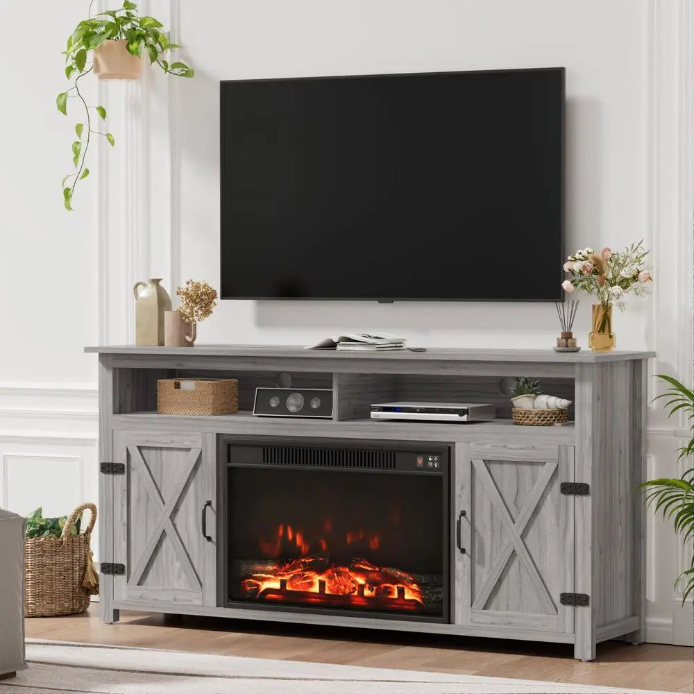 Farmhouse Fireplace TV Stand for TVs Up to 65 Inch Highboy Entertainment Center with Open Storage and Side Cabinets Rustic Medi