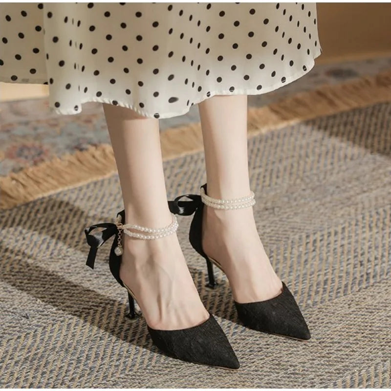 Fashionable high-heeled women's 2025 summer new pearl open-back evening dress stiletto style fairy-tale elegant single shoes
