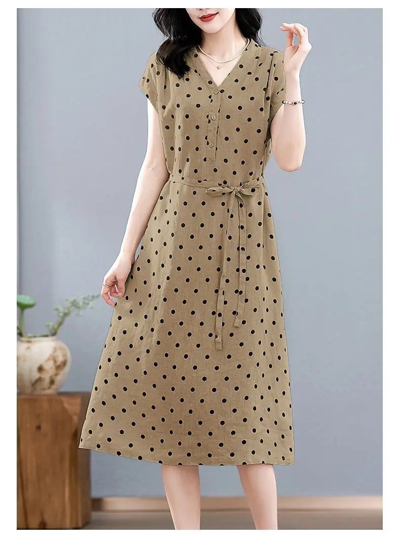 Cotton and Linen Dress French Polka Dot Print Fashion Long Skirt Summer New V-neck Casual Lace-up A-line Skirt