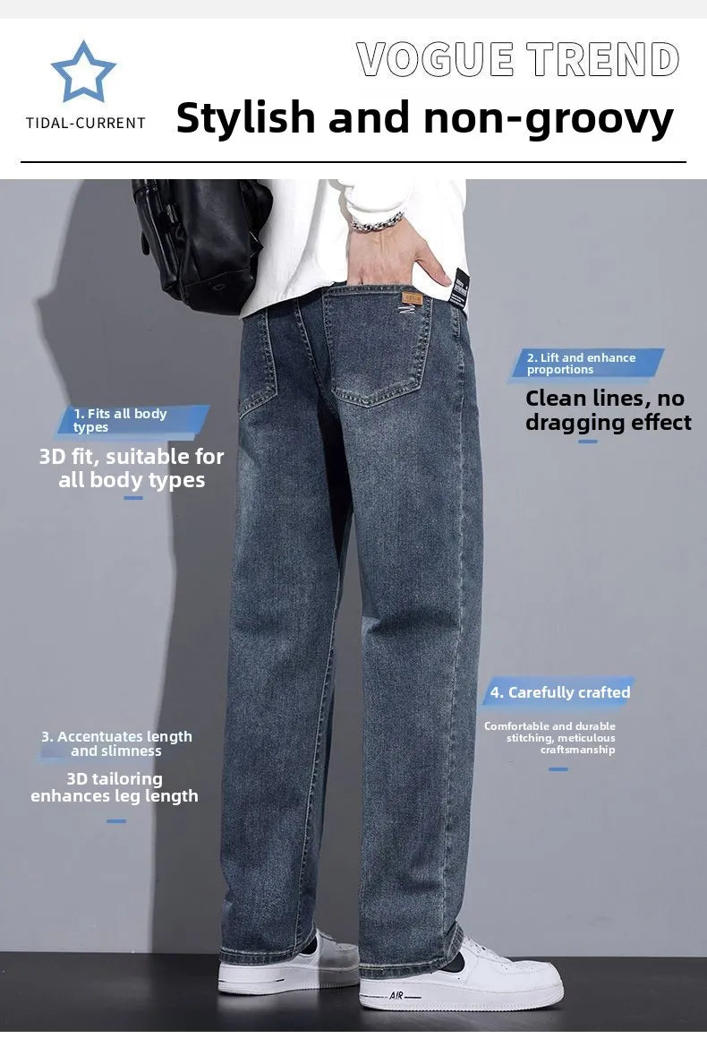 Black Casual Elastic Wide Leg Jeans Men's Loose Straight Fit Jeans Trendy Autumn Winter Long Pants Korean Style Basic Model