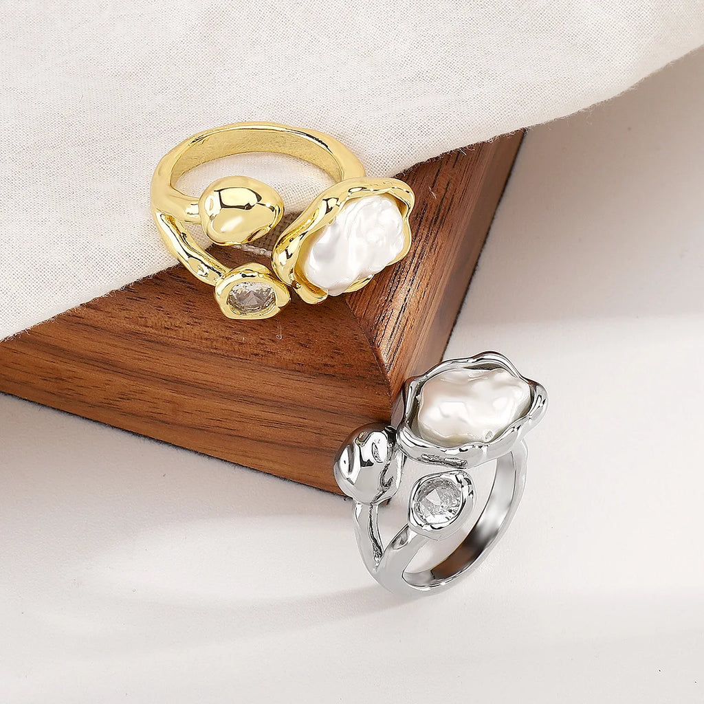 Vintage Baroque Pearl Ring Open Rings For Women'S 2025 Fashion Metal Irregular Geometric Pearl Ring With Zircon Wedding Jewelry