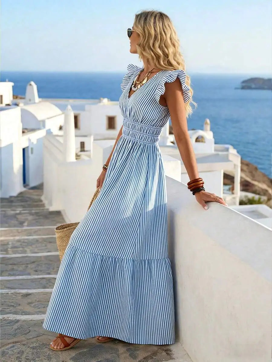 Women's Blue & White Stripe V-Neck Maxi Dress Boho A-Line Casual Fashion Leaf-Edge Summer Beach Vacation Holiday Striped Dress