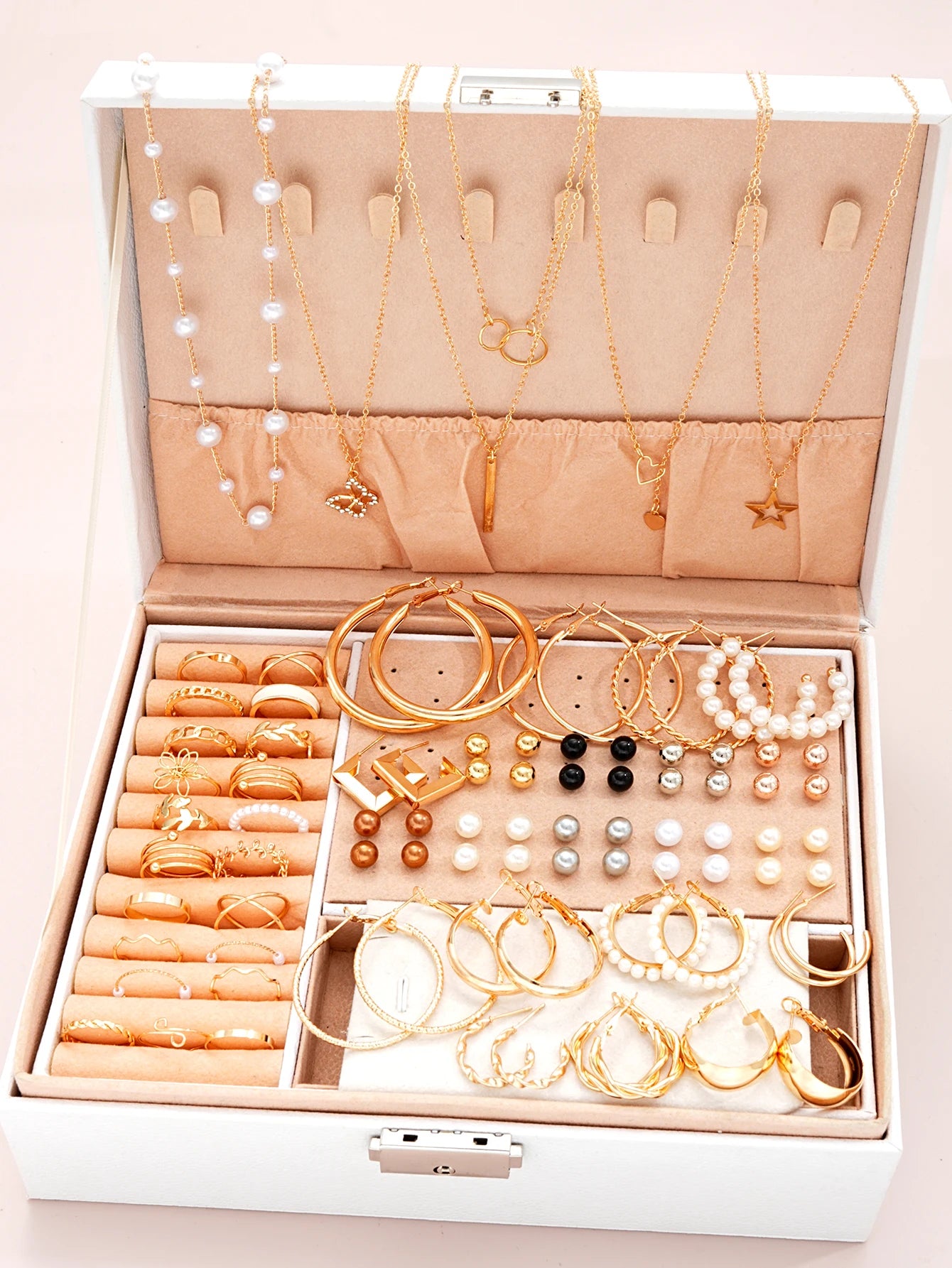 86Pcs/Set Elegant Pearl Earrings Multi-Layered Necklace Ear Studs Rings 4-In-1 Jewelry Set For Women'S Daily Wear (No Box)