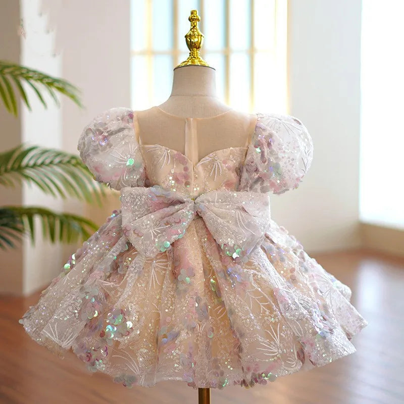 HETISO Children Evening Dresses Luxury Sequined Girls Birthday Party Fluffy Ball Gown Kids Tutu Wedding Formal Wear Gift