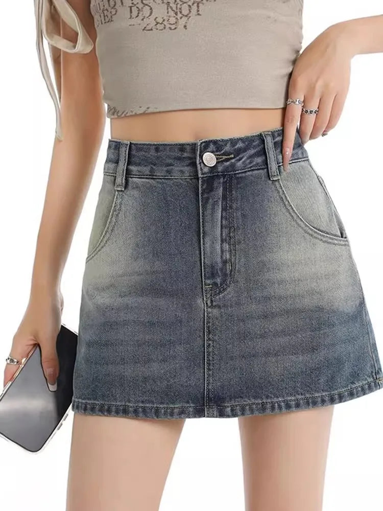Retro American Washed Slim Fit Denim  Skirt Women Summer Hot Girl High Waist Bodycon Anti Exposure a Line Half Body Skirt