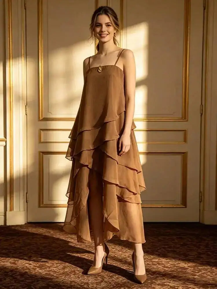 DEAT Women Spaghetti Strap Tiered Ruffle Maxi Dress Asymmetrical Hem Loose Fit Lightweight Chiffon Casual Breathable 2026 New