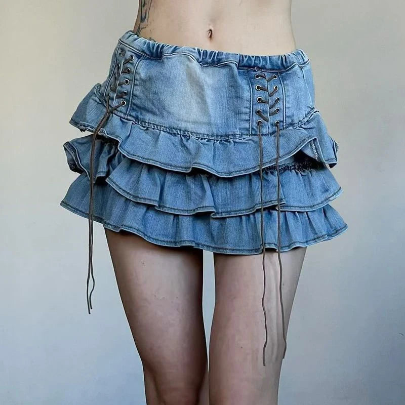 Vintage Lace Up Denim Skirts Women Y2K American Mid Waist All Match Mini Skirts Summer Streetwear Casual Pleated Jeans Skirts