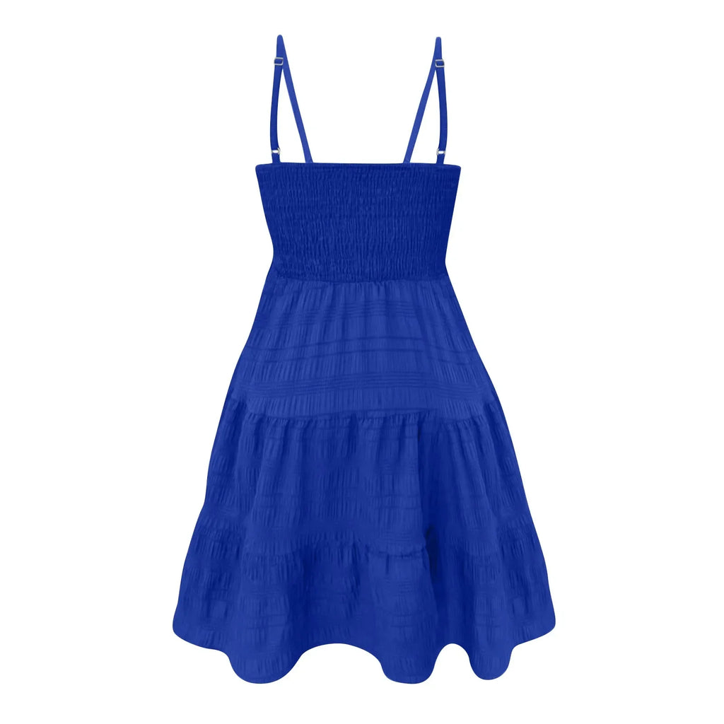 Bohemian Beach Sundress Women Sexy Sleeveless Backless Big Swing Mini Dress Solid Spaghetti Strap Ruffles Dress Summer Vestidos