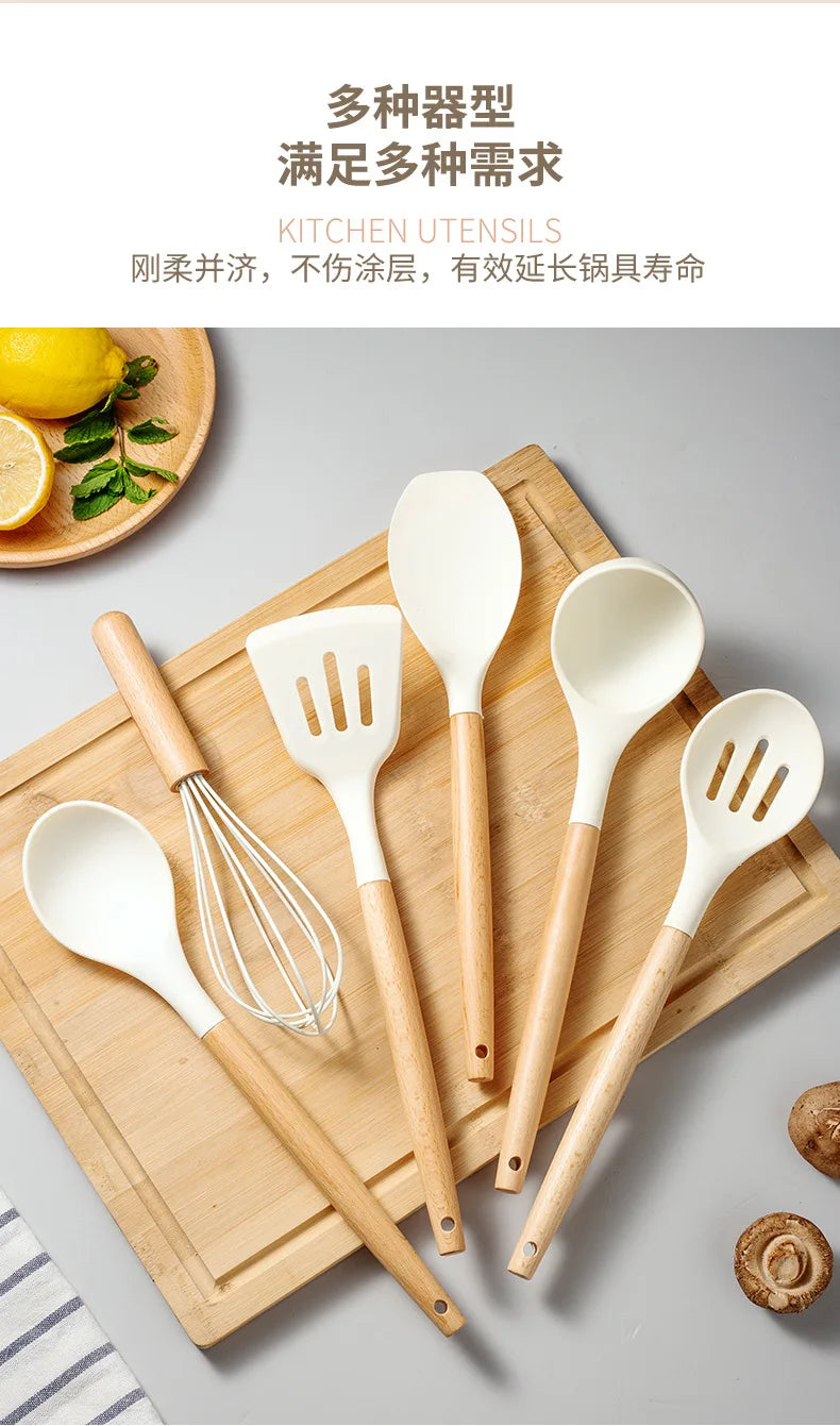 2/12Pcs White Silicone Kitchen Utensils Set with Wooden Handle,Cookware Spatula, Heat Resistant Non-stick Kitchen Cooking Tools