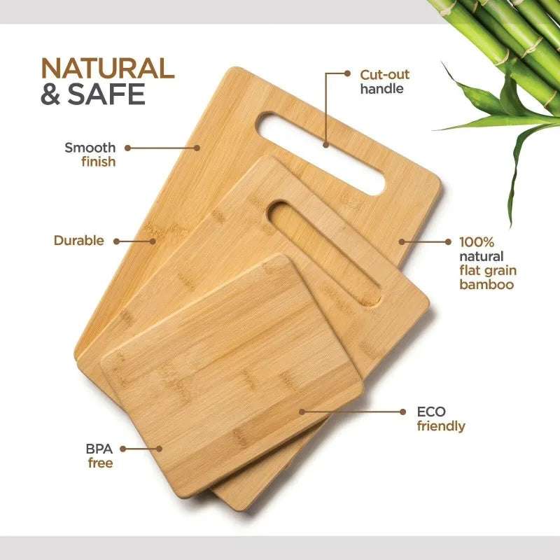 Bamboo Cutting Boards for Kitchen [Set of 3] Wood Cutting Board for Chopping Meat, Vegetables, Fruits, Cheese, Knife Friendly Serving Tray with Handles